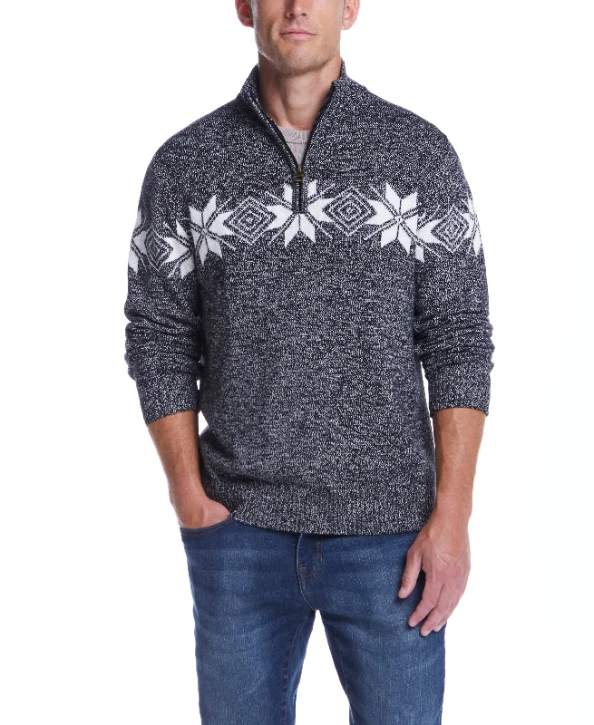 Men's no-iron sweater-Snowflake Quarter Zip Sweater In Black Vanilla