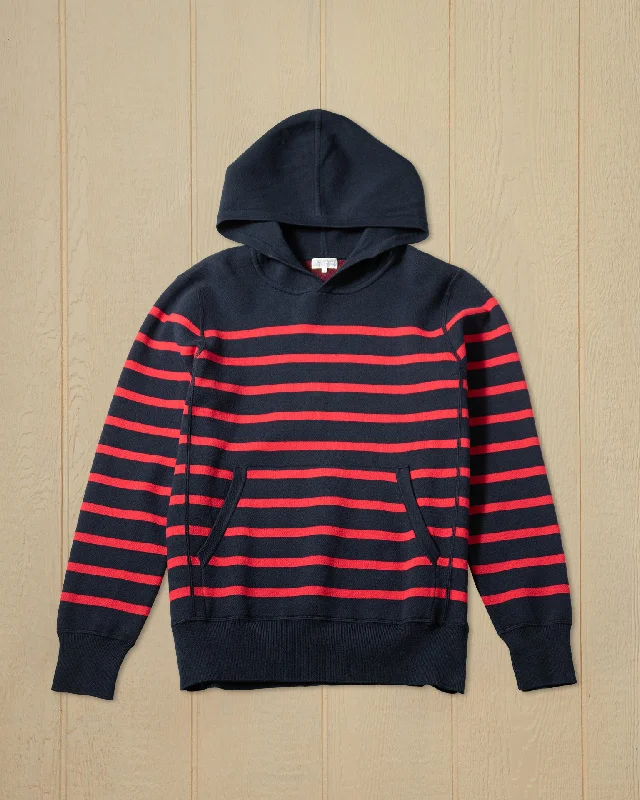 Men's thermal sweater-Wharf Knit Hoodie in Navy/Burgundy Stripe