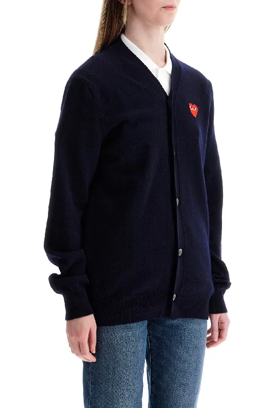 Men's shawl cardigan-Comme Des Garcons Play Navy Blue Wool Cardigan With Embroidered Red Heart Unisex