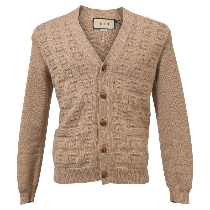 Men's breathable knit-Gucci V-Neck GG Pattern Cardigan in Brown Wool