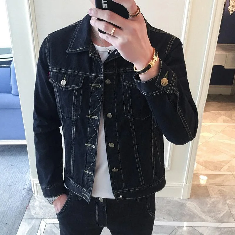 Men's pre-shrunk jacket-Lapel Denim Jacket Men