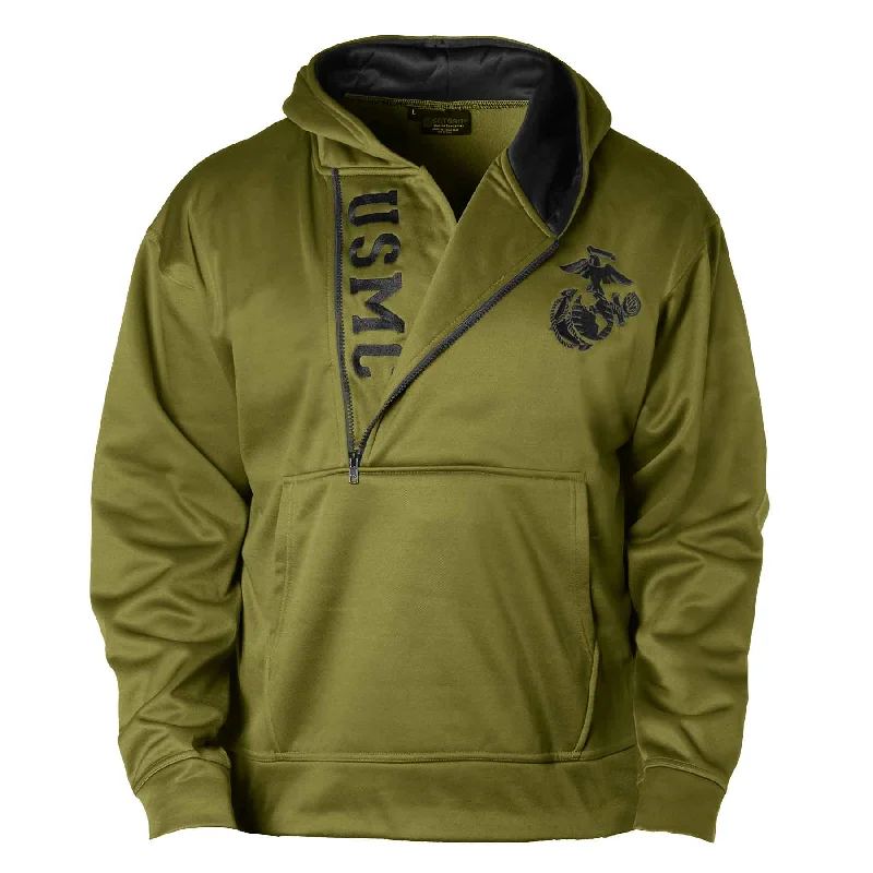 Men's comfortable training hoodie-USMC Half Zip Hoodie- OD green