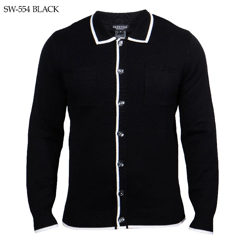 Men's oversized sweater-Prestige SW-554 Long Sleeve Polo Sweater - Black