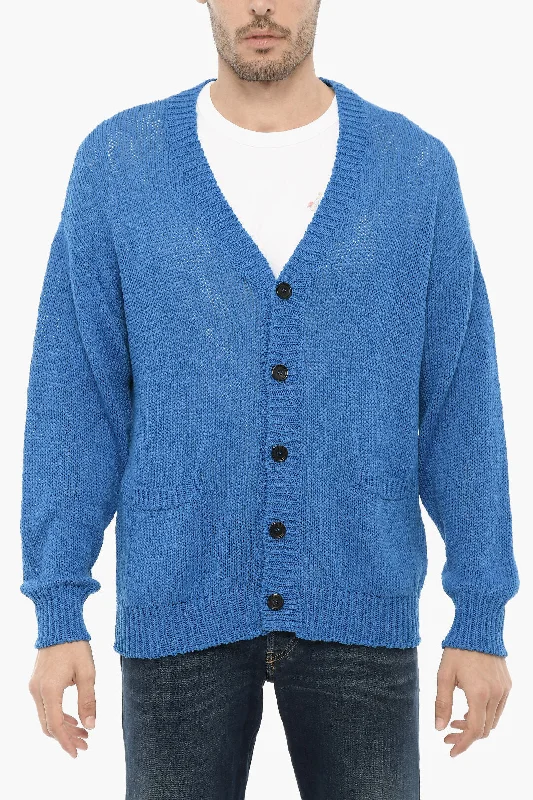 Men's button cardigan-Roberto Collina Cotton and Linen V-Neck Cardigan