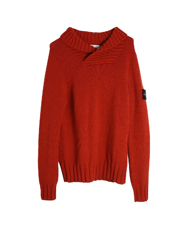 Men's waterproof knitwear-Stone Island Shawl Collar Sweater in Red Wool