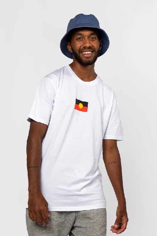 Men's durable wear t-shirt-"Raise the Flag" Aboriginal Flag (Small) White Cotton Crew Neck Unisex T-Shirt