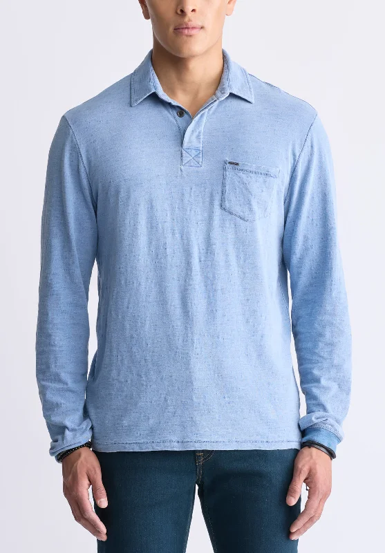 Men's wrinkle-free gym polo shirt-Kimmy Men's Long-Sleeve Polo with Pocket, Blue - BM24492