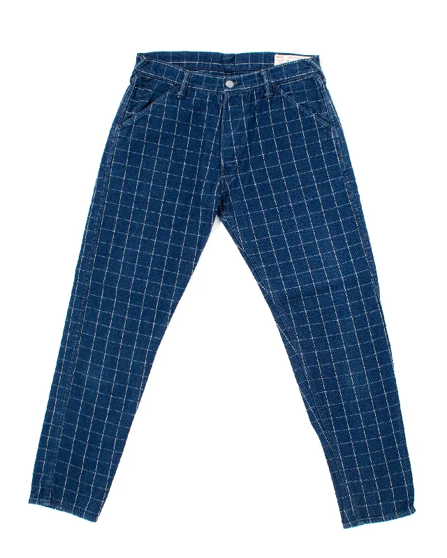 Men's wrinkle-resistant office pants-Japanese Repro Twill Cotton Chinos, Indigo with Large Grid, Yamane Brand - 34"