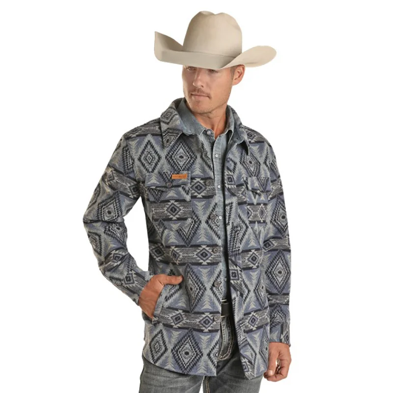 Men's lightweight jacket-Powder River Men's Navy/Grey Aztec Wool Jacket