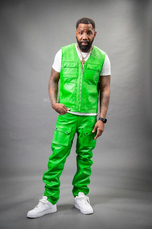 Men's ultra-light travel pants-Men's Leather Brooklyn Vest With Leather Cargo Pants Green [Slim-Cut]