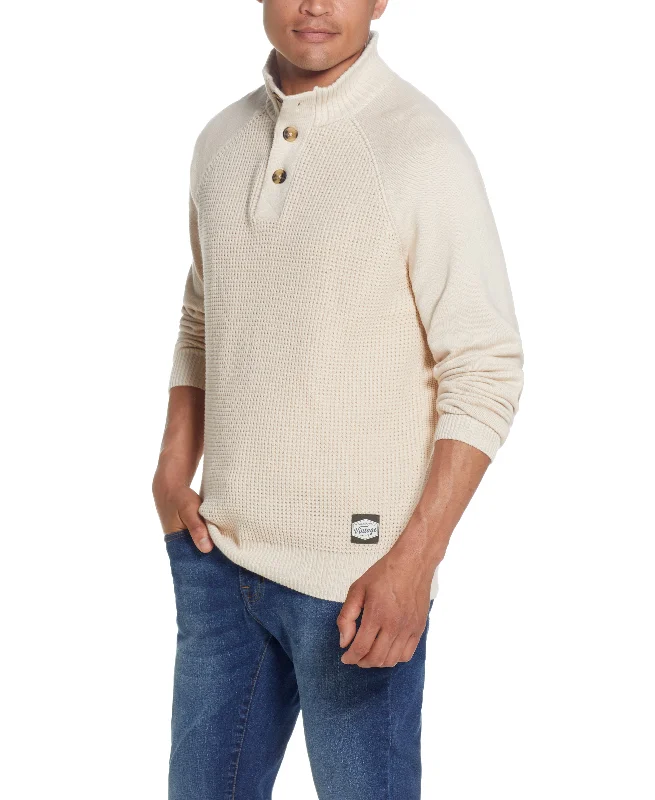 Men's bamboo sweater-Raglan Sleeves Shaker Stitch Buttonup Mock In Ecru