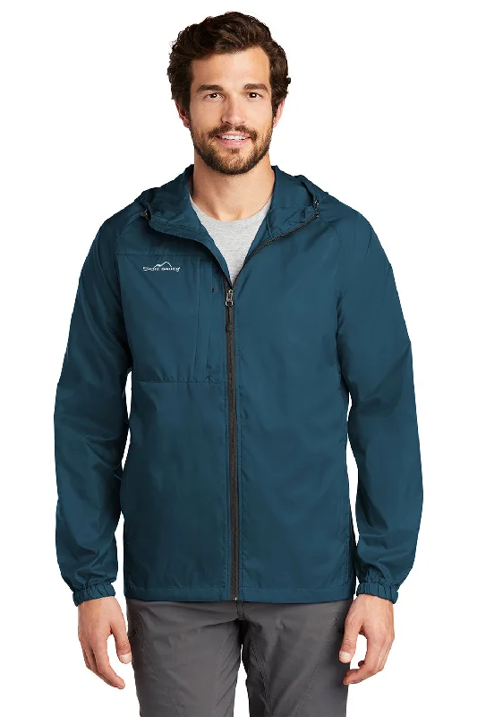 Men's sustainable jacket-Eddie Bauer Mens Packable Wind Resistant Full Zip Hooded Jacket - Adriatic Blue