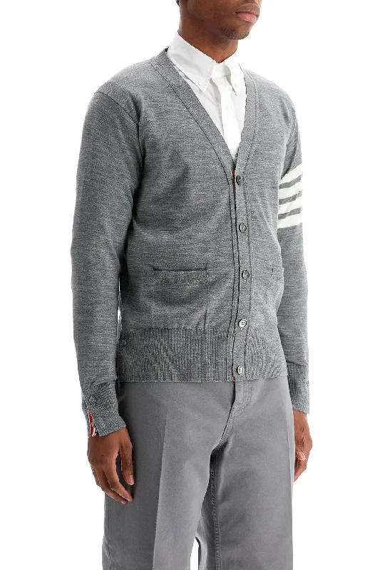 Men's button-up sweater-Thom Browne Men's Cardigan In Pale Grey Merino Wool With 4 White Stripes