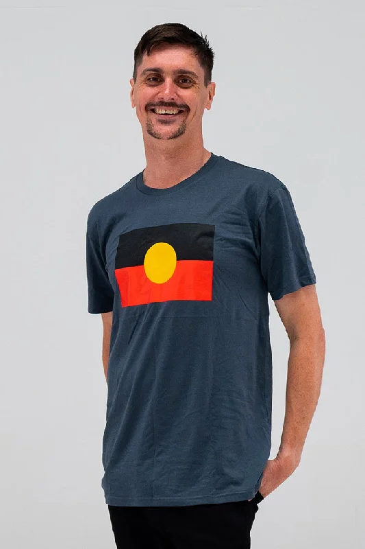 Men's premium fabric t-shirt-"Raise The Flag" Aboriginal Flag (Large) Petrol Blue Cotton Crew Neck Unisex T-Shirt