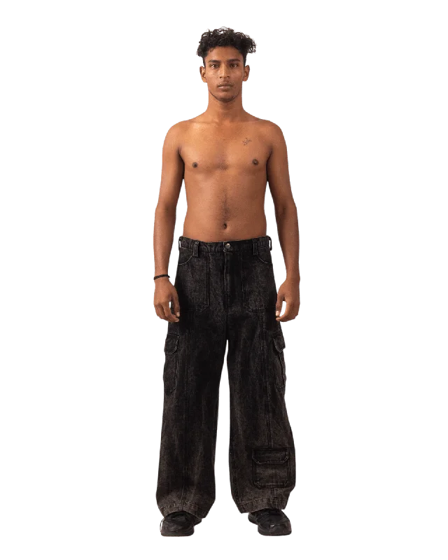 Men's lightweight workwear pants-BLACK ACID WASH CARGO PANTS