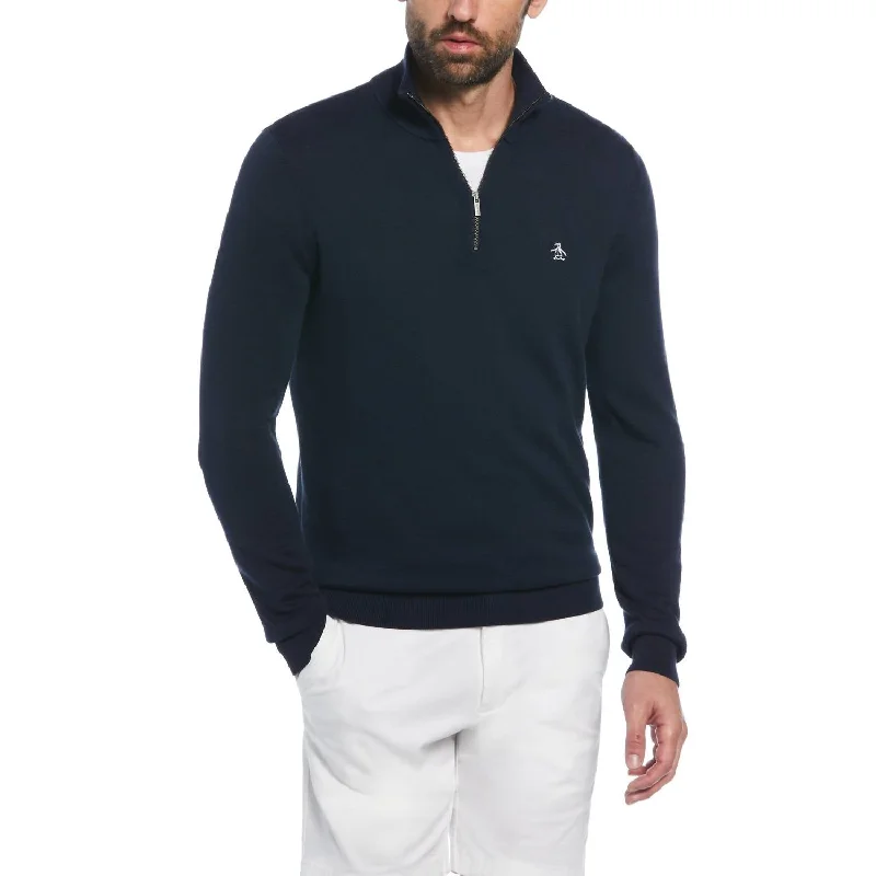 Men's crew neck sweater-Cotton .25 Zip Sweater In Poseidon Blue