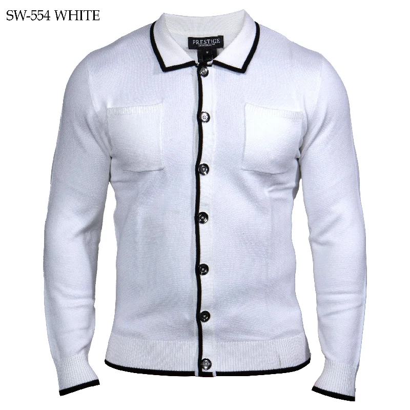 Men's waterproof sweater-Prestige SW-554 Long Sleeve Polo Sweater - White