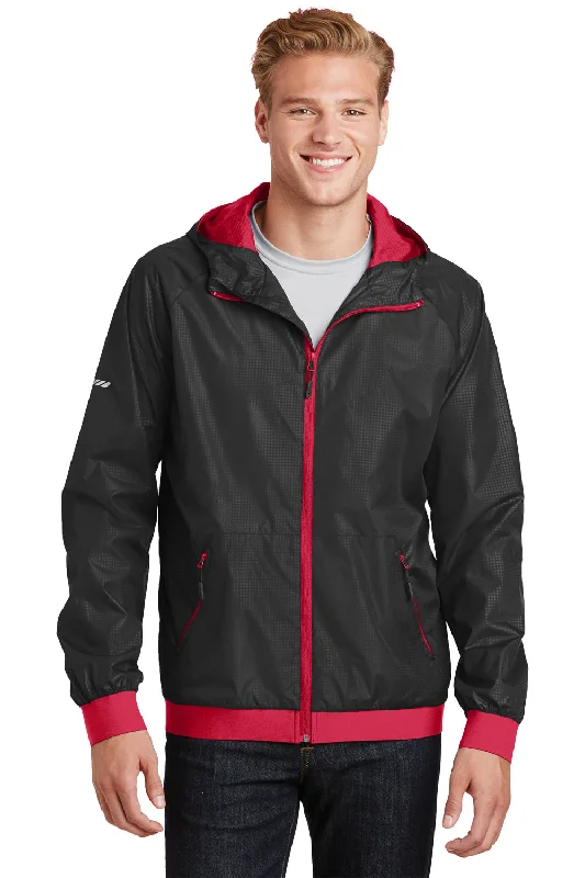 Men's relaxed fit jacket-Sport-Tek Mens Wind & Water Resistant Full Zip Hooded Jacket - Black/True Red - Closeout