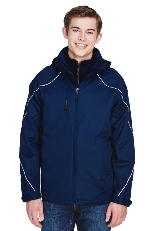 Men's non-iron jacket-North End Mens Angle 3-in-1 Water Resistant Full Zip Hooded Jacket - Night Blue