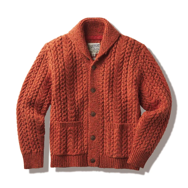 Men's knit hoodie-Melange Cable  Shawl Cardigan - Burnt Orange