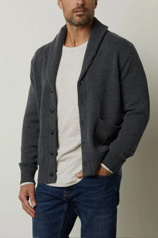 Men's cozy sweater-Thornton Long Sleeve Cardigan In Charcoal