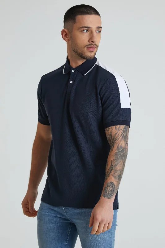 Men's cooling office wear polo shirt-Robbie honeycomb pique polo in Navy with White contrast