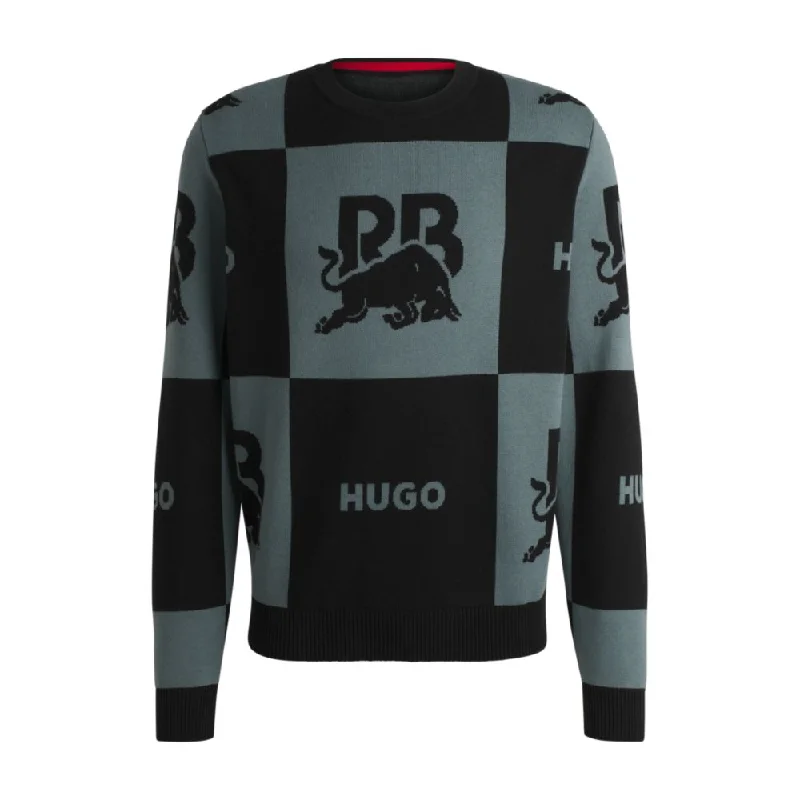 Men's summer sweater-HUGO x RB checkerboard cotton sweater with bull motif