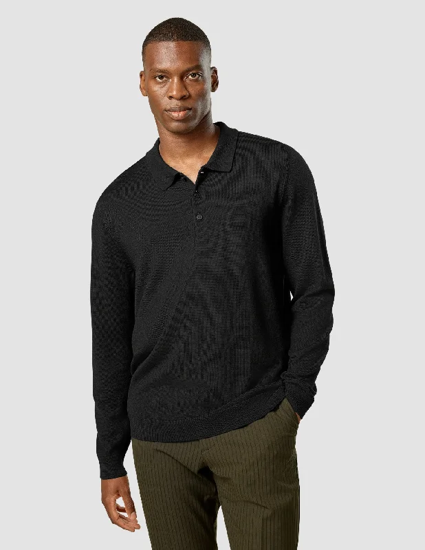 Men's modern office wear polo shirt-Premium Merino Long Sleeve Polo Black