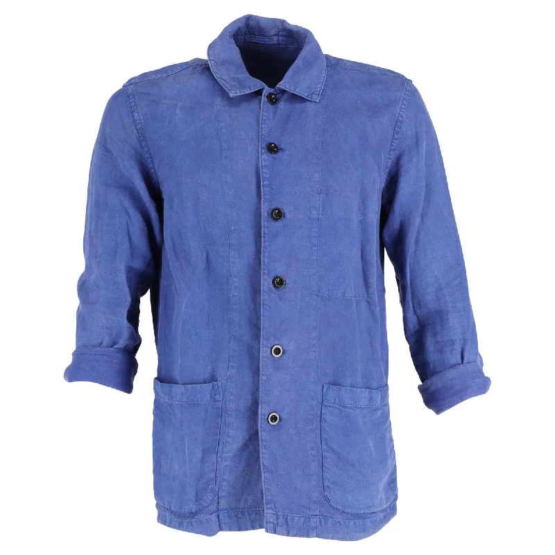 Men's performance pullover-Mr. P. Button-Down with Pockets Dyed Overshirt in Blue Linen