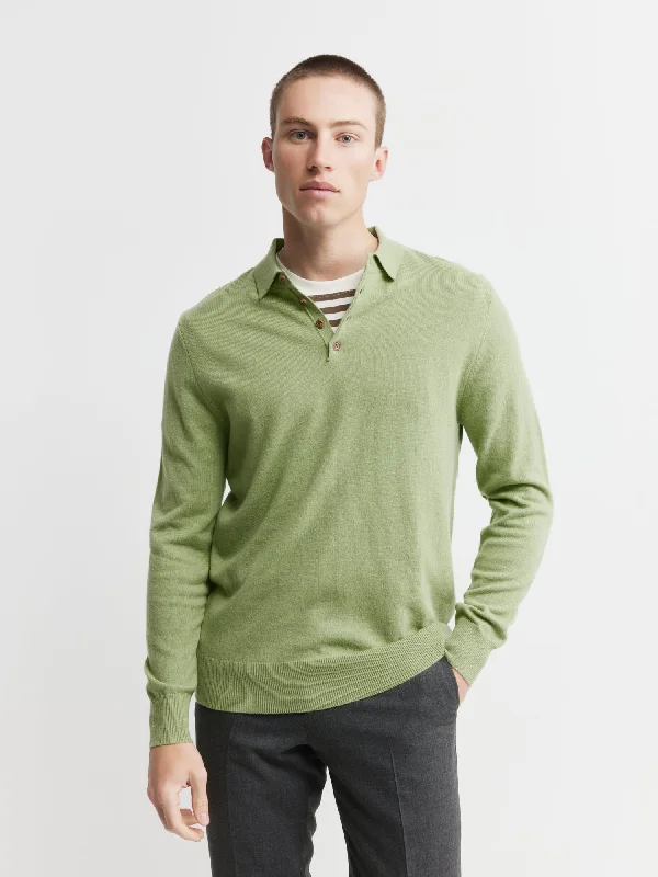 Men's pre-washed office polo shirt-Mens Cashmere Long Sleeve Polo - Sage