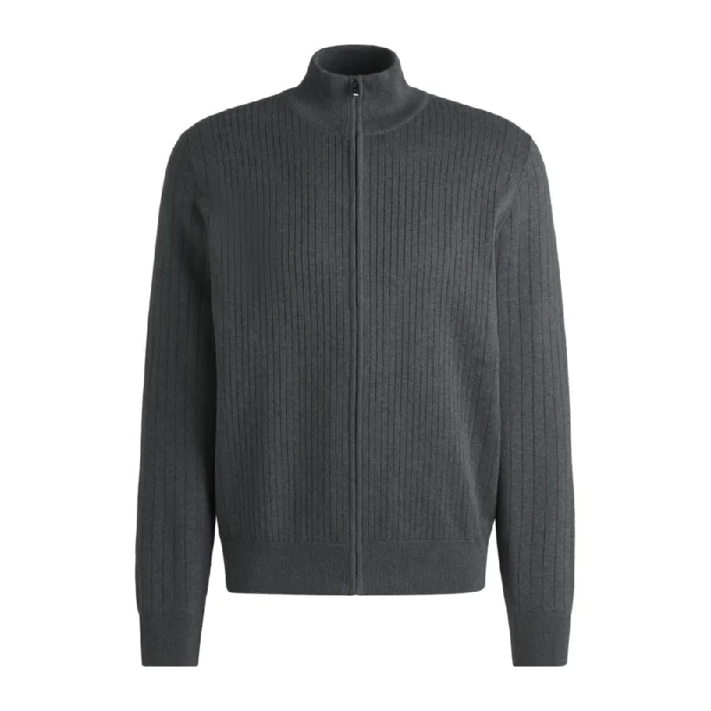 Men's ethical sweater-Zip-up cotton cardigan with knitted pinstripes