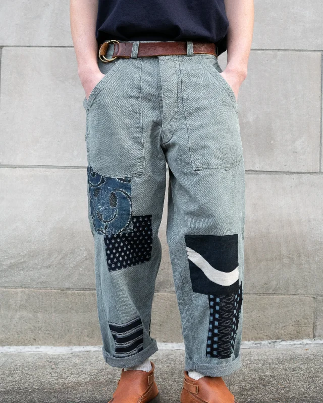 Men's adventure-ready travel pants-Kiriko Custom Denim Jeans, Patched Swiss Army Military Pants, Indigo Patches - 33