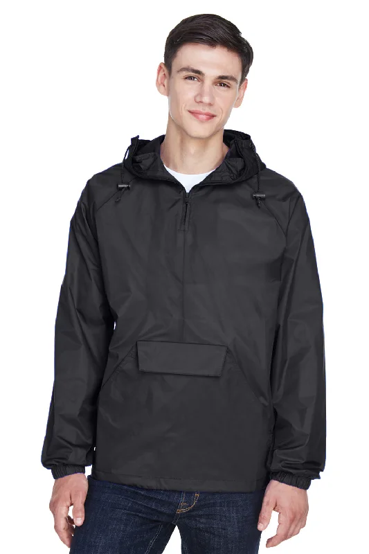 Men's eco-conscious jacket-UltraClub Mens Pack Away Wind & Water Resistant 1/4 Zip Hooded Jacket - Black - Closeout