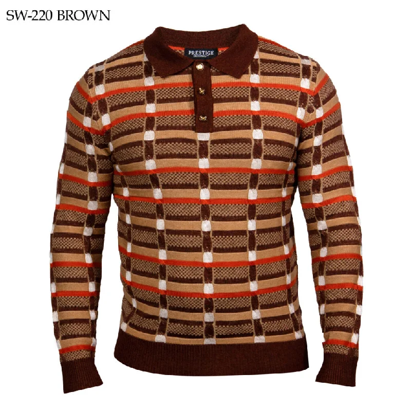 Men's spring sweater-Prestige SW-220 Long Sleeve Polo Sweater - Brown