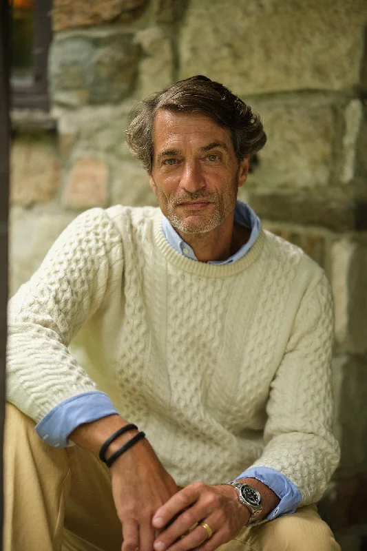 Men's winter sweater-Galway Cable Sweater in Egret Lambswool