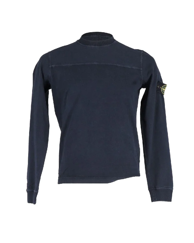 Men's no-iron knitwear-Stone Island Long Sleeve Compass Sweater in Navy Blue Cotton