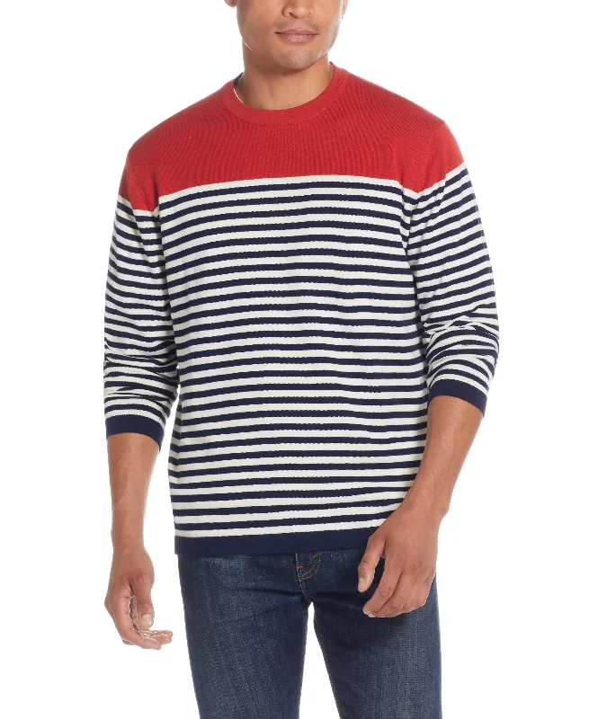 Men's outdoor sweater-Striped Crew Neck In New Navy