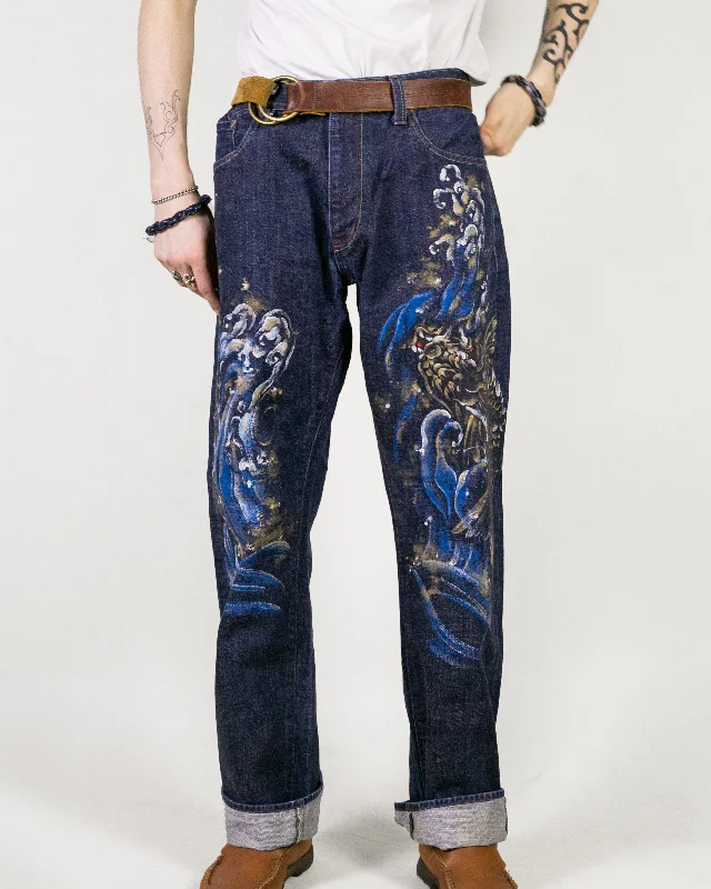 Men's pre-shrunk casual wear pants-Japanese Repro Denim Jeans, Zen Clothing, Hand Painted - 36