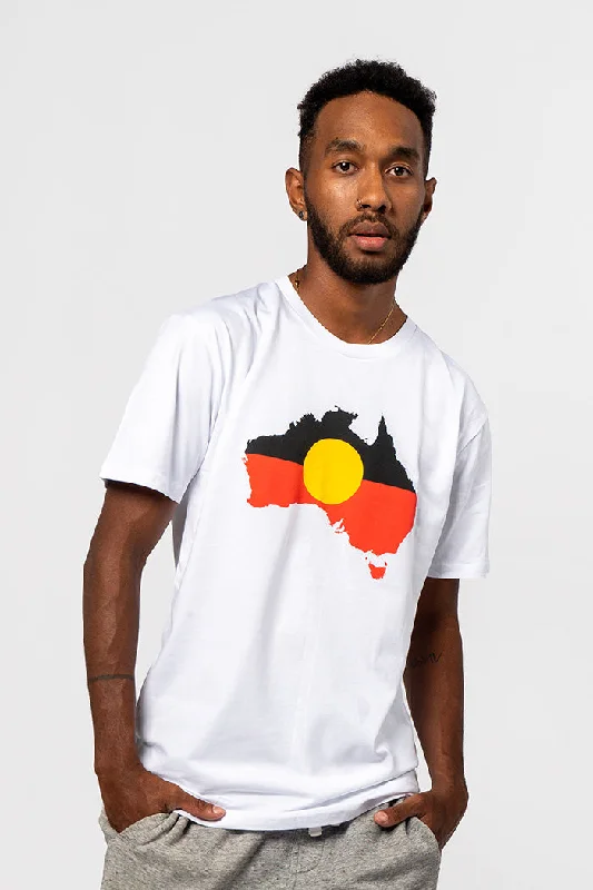 Men's modern casual t-shirt-"Raise the Flag" Aboriginal Flag (Australia) White Cotton Crew Neck Unisex T-Shirt