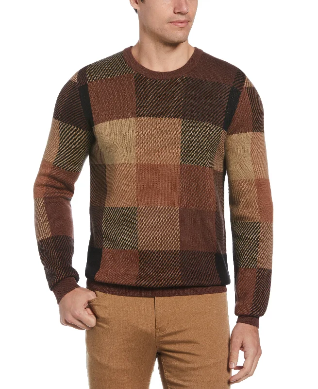 Men's urban knit-Plaid Textured Crew Neck Sweater