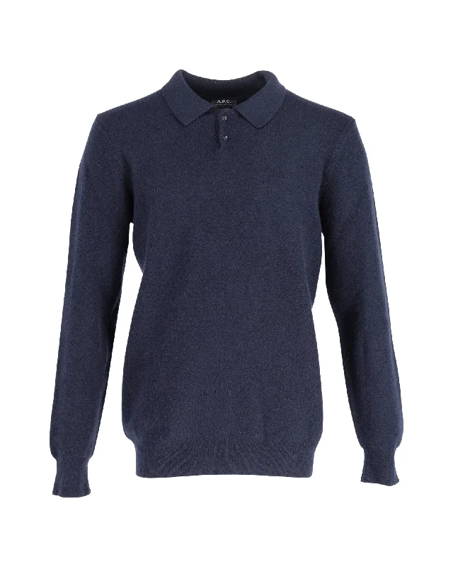 Men's moisture-wicking knitwear-A.P.C. Long Sleeve Polo Shirt in Navy Blue Wool