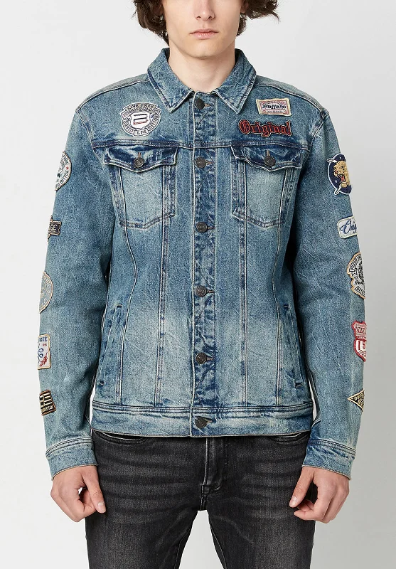 Men's ultra-comfortable jacket-Joe Patched Men's Jean Jacket in Blue Vintage and Worn - BM22143