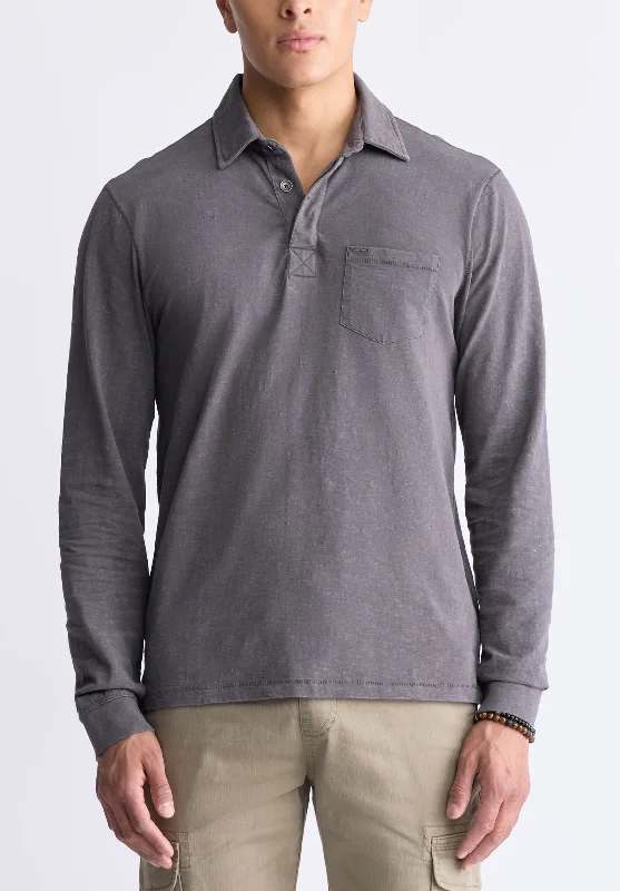 Men's antibacterial casual polo shirt-Kimmy Men's Long-Sleeve Polo with Pocket, Charcoal - BM24378