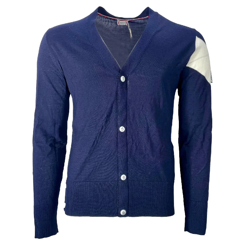 Men's crew neck sweater-Moncler Gamme Bleu Cardigan in Navy Blue Virgin Wool