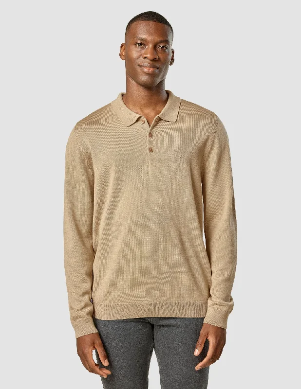 Men's lightweight gym wear polo shirt-Premium Merino Long Sleeve Polo Sahara