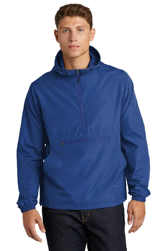 Men's antibacterial jacket-Sport-Tek Mens Wind & Water Resistant Packable Anorak 1/4 Zip Hooded Jacket - True Royal Blue