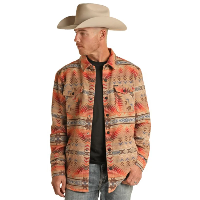 Men's sustainable jacket-Rock & Roll Men's Tan Aztec Shacket