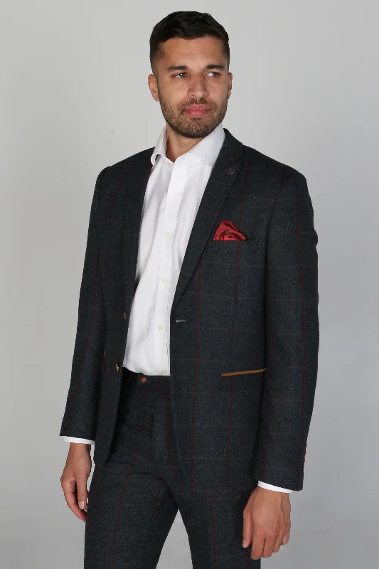 Men's non-iron jacket-Madrid - Men's Navy Tweed Check Blazer