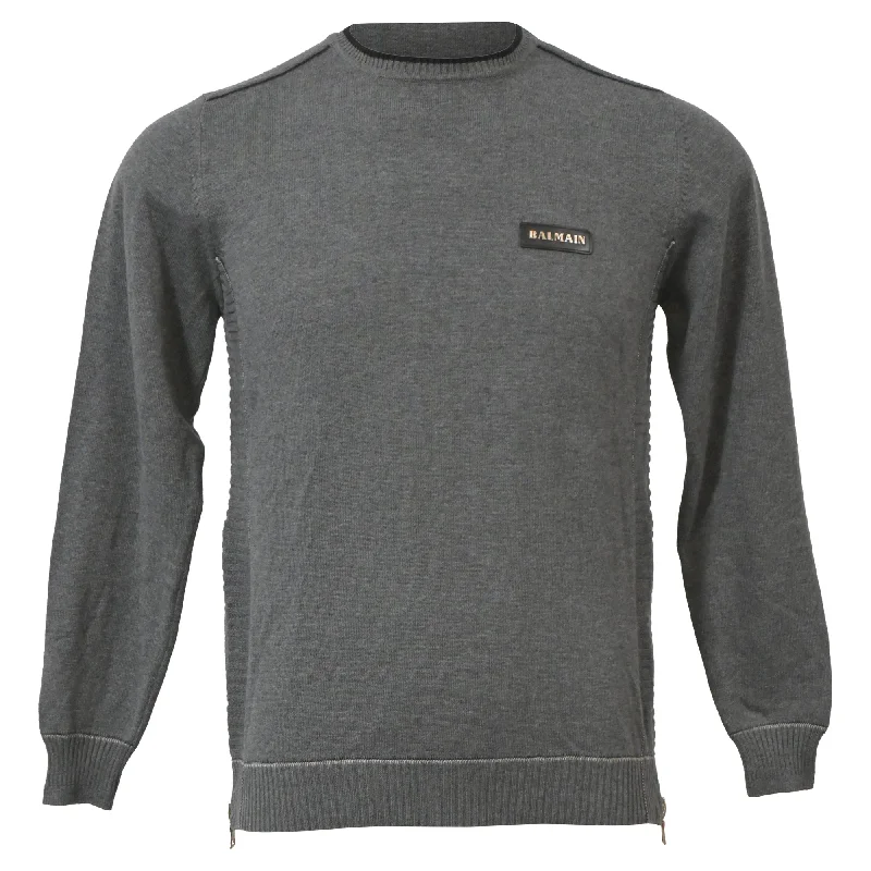 Men's heavyweight sweater-Balmain Knitted Logo Patch Round Neck Sweater in Grey Wool