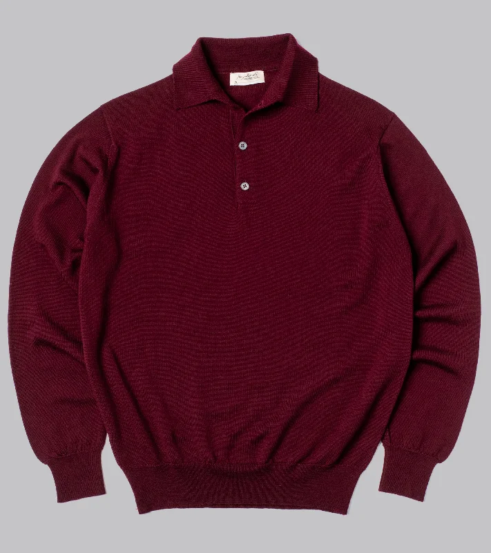 Men's sustainable travel polo shirt-Bryceland's Merino Long-Sleeve Polo Claret